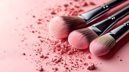 Makeup brushes on soft pink background, scattered blush powder, close-up, cosmetics flatlay, beauty product photography, pastel color palette, macro shot.