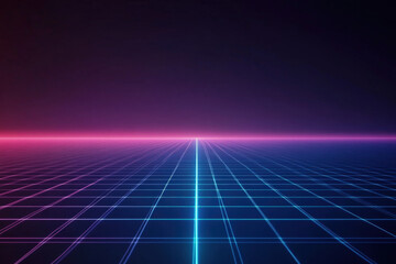 Poster - Blue and pink glowing grid travels into a cyber horizon