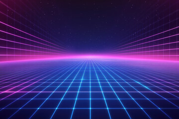 Poster - Retro neon grid landscape vanishing in a pink horizon with a starry sky