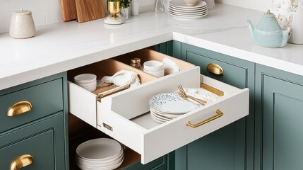 The close-up view highlights a modern kitchen cabinet with a chic white and grey finish, showcasing detailed brass hardware on an open drawer