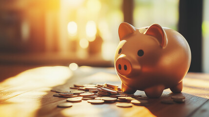 Golden piggy bank with scattered coins on a wooden table in warm sunlight. Financial savings and wealth accumulation concept with copy space.