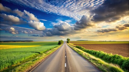 Road leading through a vast field of fertile land towards the horizon , agriculture, landscape, farmland, countryside