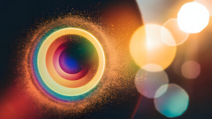 Poster - Cosmic Dance: A mesmerizing abstract image of vibrant, glowing rings, reminiscent of a cosmic dance, surrounded by a hazy, bokeh effect. The colors blend and shimmer, creating an otherworldly and ethe