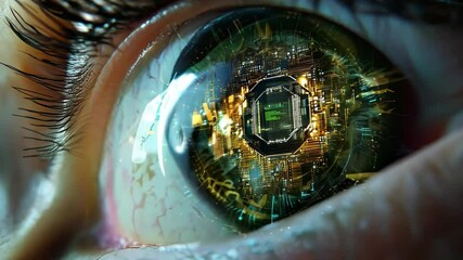 Aufkleber - Binary circuit board future technology, human eye technology pupil close-up