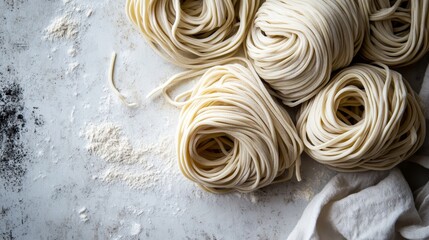 Homemade Noodles on Marble Surface with Flour Dusting, Creating a Rustic and Authentic Kitchen Scene