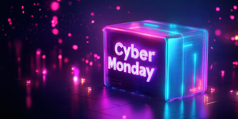 Poster - Neon cyber monday sign glowing on futuristic purple background with falling confetti