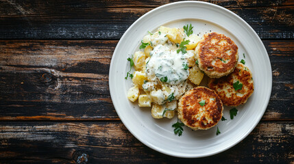 White plate with fried fishcakes served with creamy potato salad and fresh parsley on rustic wooden table