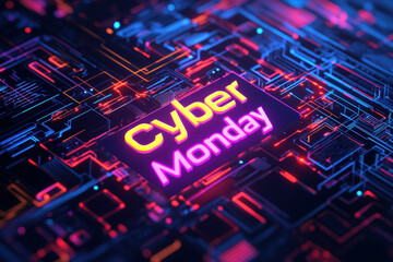 Poster - Neon cyber monday sign glowing over a futuristic motherboard texture, a concept image for online deals and sales