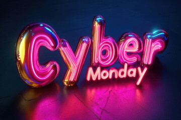 Poster - Neon cyber monday sign glowing with pink light on a dark concrete floor