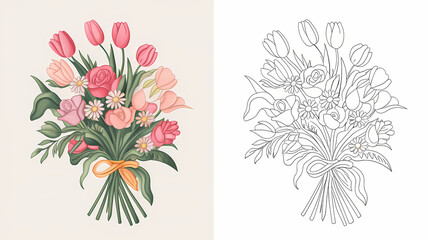 bouquet of flowers and illustration on side for coloring page  isolated