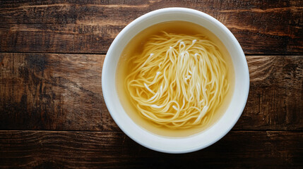 Wall Mural - Rustic wooden table with a bowl of simple noodle soup, ready to be enjoyed