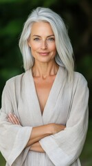 A middle-aged woman with silver hair, confidently wearing a minimalist, eco-friendly outfit made from bamboo fabric, standing in front of a serene natural landscape