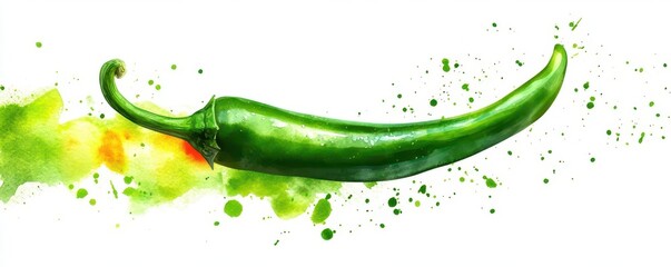 A vibrant watercolor painting of a green chili pepper with splashes of green and yellow colors surrounding it on a white background.