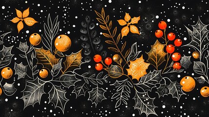 A festive seamless pattern featuring mistletoe sprigs and holly leaves with bright red berries. The background includes softly falling snow and a warm holiday glow,