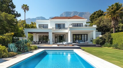 Poster - A large white house with a pool and a large backyard