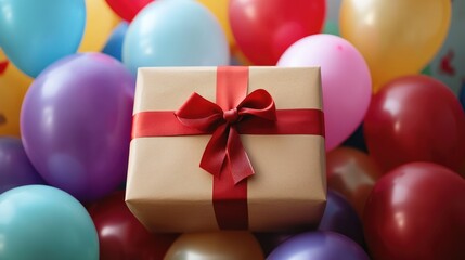 Wall Mural - festive gift box wrapped in brown paper with a red ribbon, surrounded by balloons of various colors,