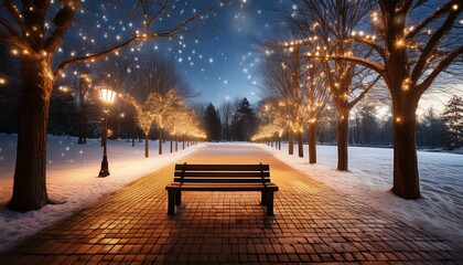 Wall Mural - A Christmas Eve Respite An empty park bench awaits beneath twinkling lights, capturing the magic and serenity of the holiday season.