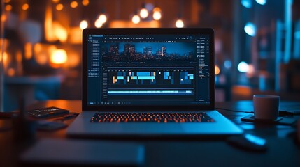 Wall Mural - Person editing cinematic video on a laptop in a cozy workspace with a warm, ambient light setting..