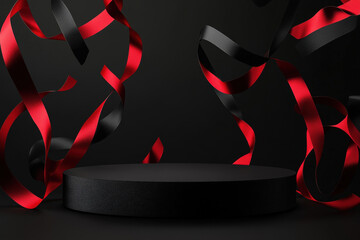 Poster - Round black podium surrounded by red and black ribbons floating on a black background, perfect for showcasing products