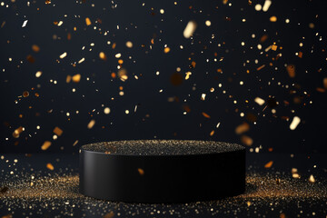 Poster - Black friday themed image featuring a round black podium covered in gold confetti, perfect for showcasing products