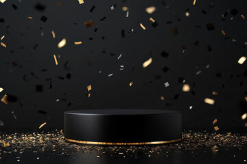 Poster - Black podium with gold trim catching falling confetti on a black background