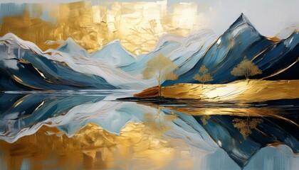 Wall Mural - Abstract art acrylic oil painting of mountains landscape with gold details, tree and reflection of water from a lake