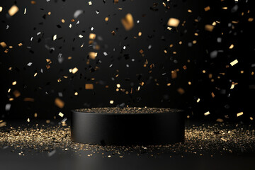 Poster - Black podium on a black background with falling golden confetti, perfect for showcasing products