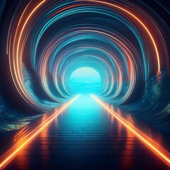 Wall Mural - Abstract futuristic tunnel. 3D illustration of an underground passage with neon lights, sea waves, seascape elements and sea waves.