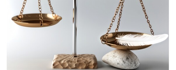 A detailed close-up of a justice scale with a feather and a rock, symbolizing balance and equality, isolated on a clean white background for Human Rights Day.