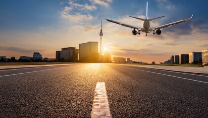 Wall Mural - Airplane Landing on City Street at Sunset