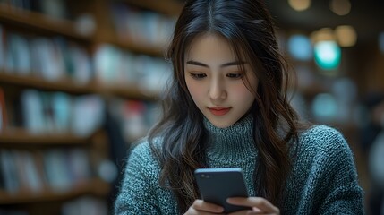 Portrait of an Asian student engaged with a laptop and smartphone, working on finalizing her graduation details in a study room.