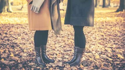 Wall Mural - Two women in warm winter coats stand on a bed of autumn leaves. 