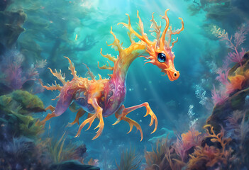 Close up portrait of a cute, beautiful and magical, multicoloured Leafy Seadragon, with a big shiny blue eye, under the turquoise sea. Soft rays of light, Corals and bubbles are soft focused behind. 