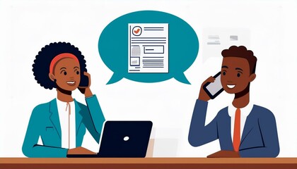 An illustration of two people talking on the phone, one holding an application form, and the other sitting at their laptop with speech bubbles above them. Stock Illustration