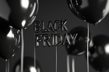 Poster - Black friday text made of inflatable balloons floating on dark background