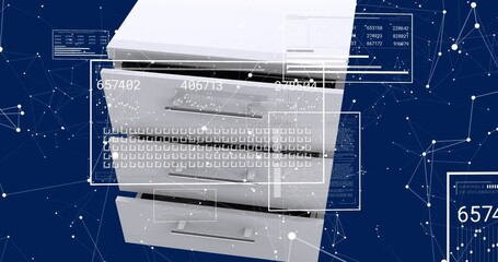Poster - Digital data processing animation over filing cabinets with numbers and binary code