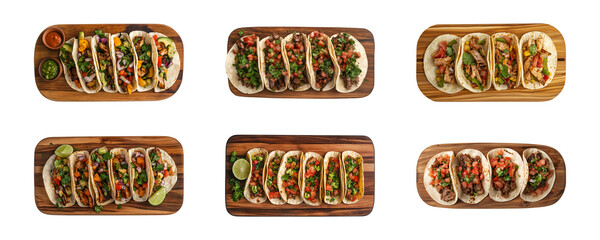 Wall Mural - Mexican tacos on a wooden board isolated on a transparent or white background, top view, cut-out, PNG