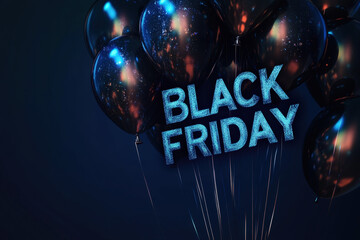 Poster - Black friday text made of blue glitter hanging on black balloons with dark blue background