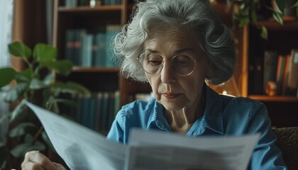 Elderly woman engrossed in reading a newspaper, seated in a cozy room, symbolizing the value of knowledge, wisdom, and the pursuit of learning throughout one's life.