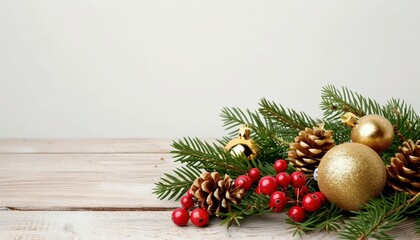 Wall Mural - A festive Christmas centerpiece made of pine branches, red berries, and golden ornaments, arranged on a rustic wooden table, isolated on a clean white background.