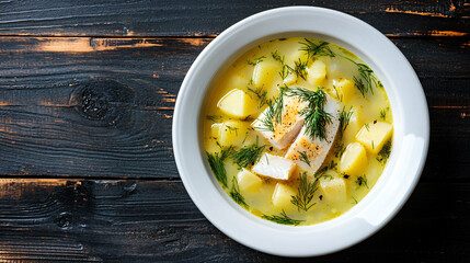 Wall Mural - Delicious and comforting fish soup is served in a white bowl, seasoned with fresh dill and pepper