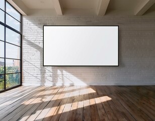 Billboard mockup in a sunny room with large windows, white brick walls, and wooden floor.