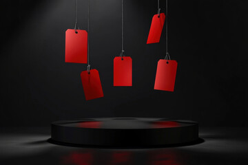 Poster - Red labels hanging from the ceiling above a black podium spotlighted on a black background