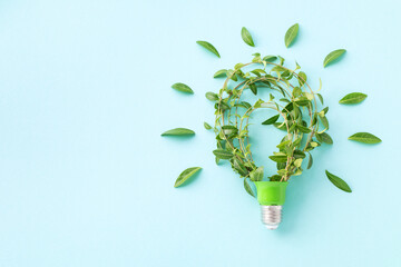 green eco friendly lightbulb from fresh leaves on blue background top view. energy saving, ecology a