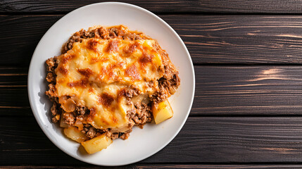 Canvas Print - Tempting moussaka dish is served on a rustic wooden table, highlighting its delicious presentation