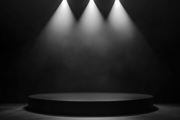 Poster - Three spotlights illuminating a round black stage with smoke in the dark