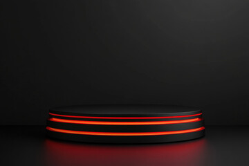 Poster - Empty black podium illuminating dark showroom background for product placement