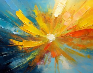 Closeup of abstract rough gold blue sun explosion painting texture, with oil brushstroke, pallet knife paint on canvas - Art background