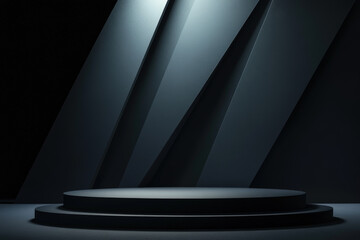 Poster - Empty double round podium illuminated by spotlights on a dark geometric background