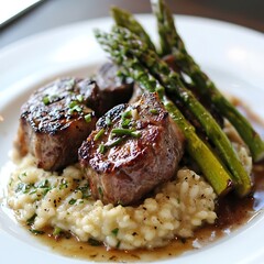 Wall Mural - A plate of lamb chops and risotto with asparagus. The asparagus is tender and slightly charred